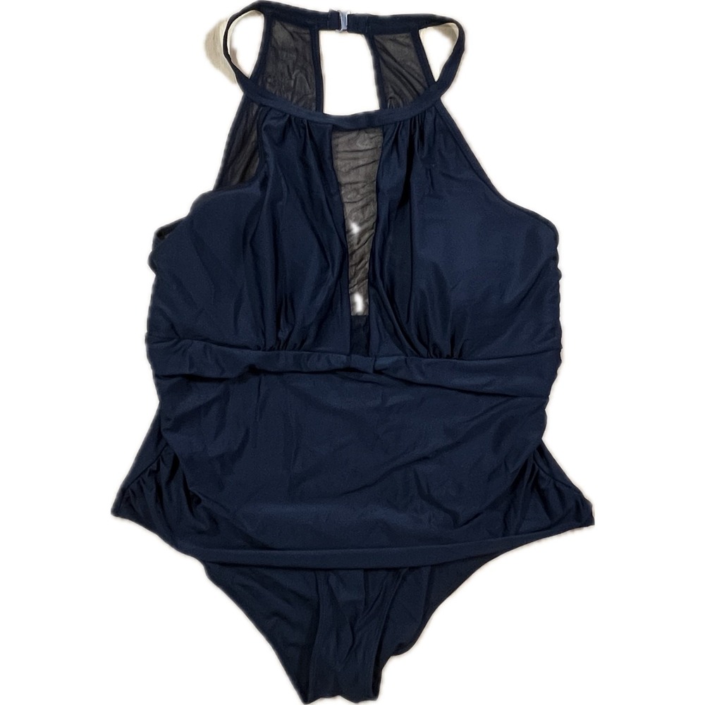One Piece Black Swimsuit Women 22W Mesh High Neck Keyhole Chic Swim Beach Vaca‎
